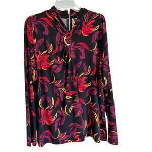 Liz Claiborne Women 2X Artsy Black Dark Floral Zip Back Gold Gathered Neck Top